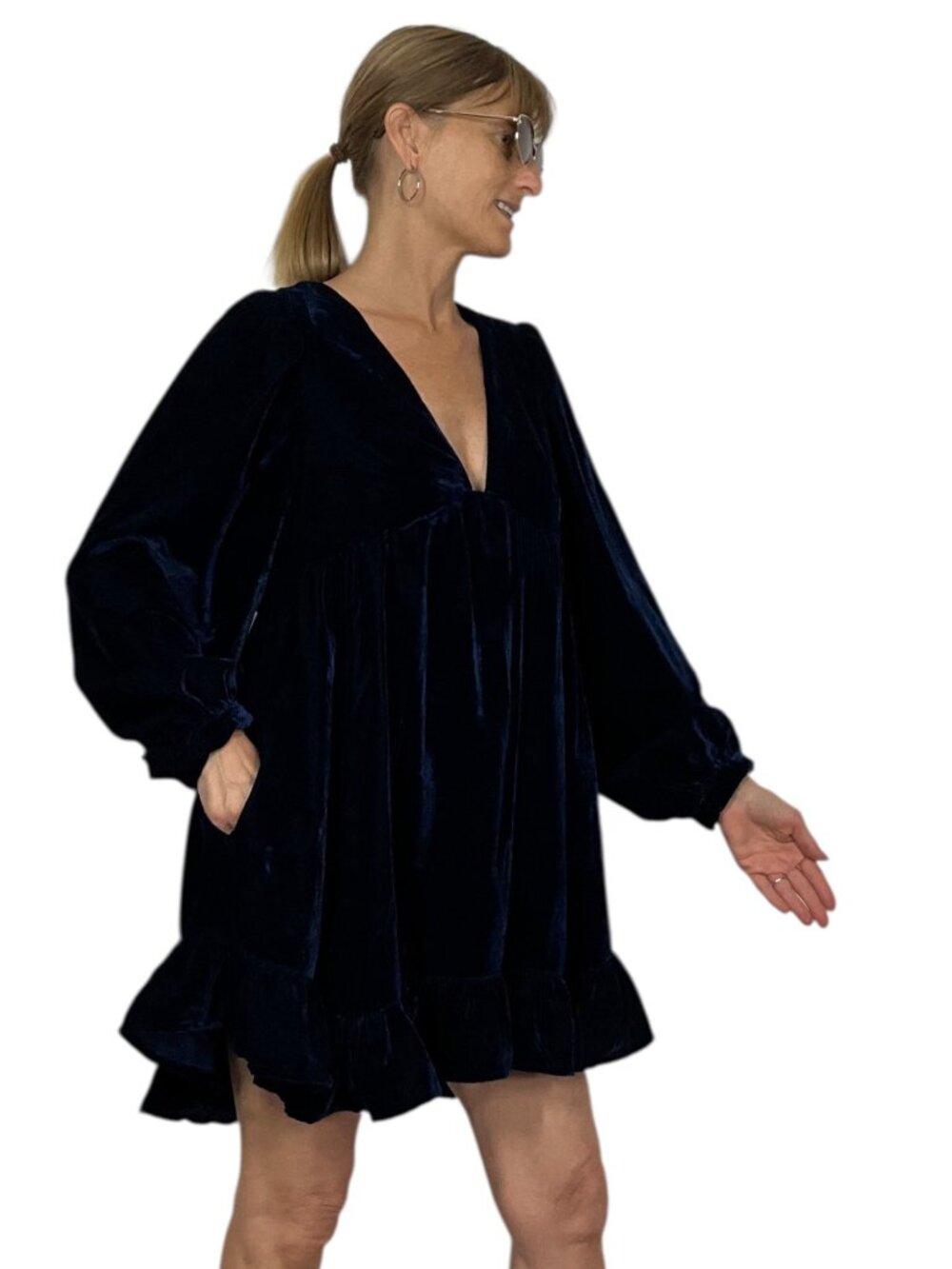 Free People Estella Velvet Mini Dress S Blue Babydoll Long Sleeve - Picture 4 of 16